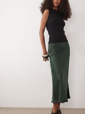 Madewell Emerald Green Drawstring Satin Midi Skirt